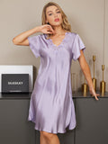 SilkSilky UK Pure Silk Short Sleeve Sweetheart Neck Nightdress Purple 004