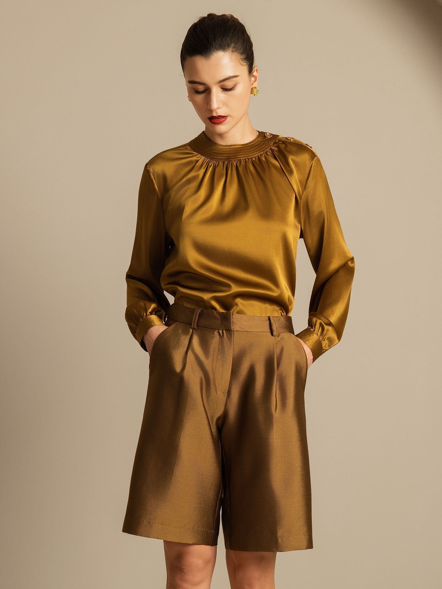 [Bronze] SilkSilky-UK 32Momme Silk-Wool Blend Womens Shorts 005,