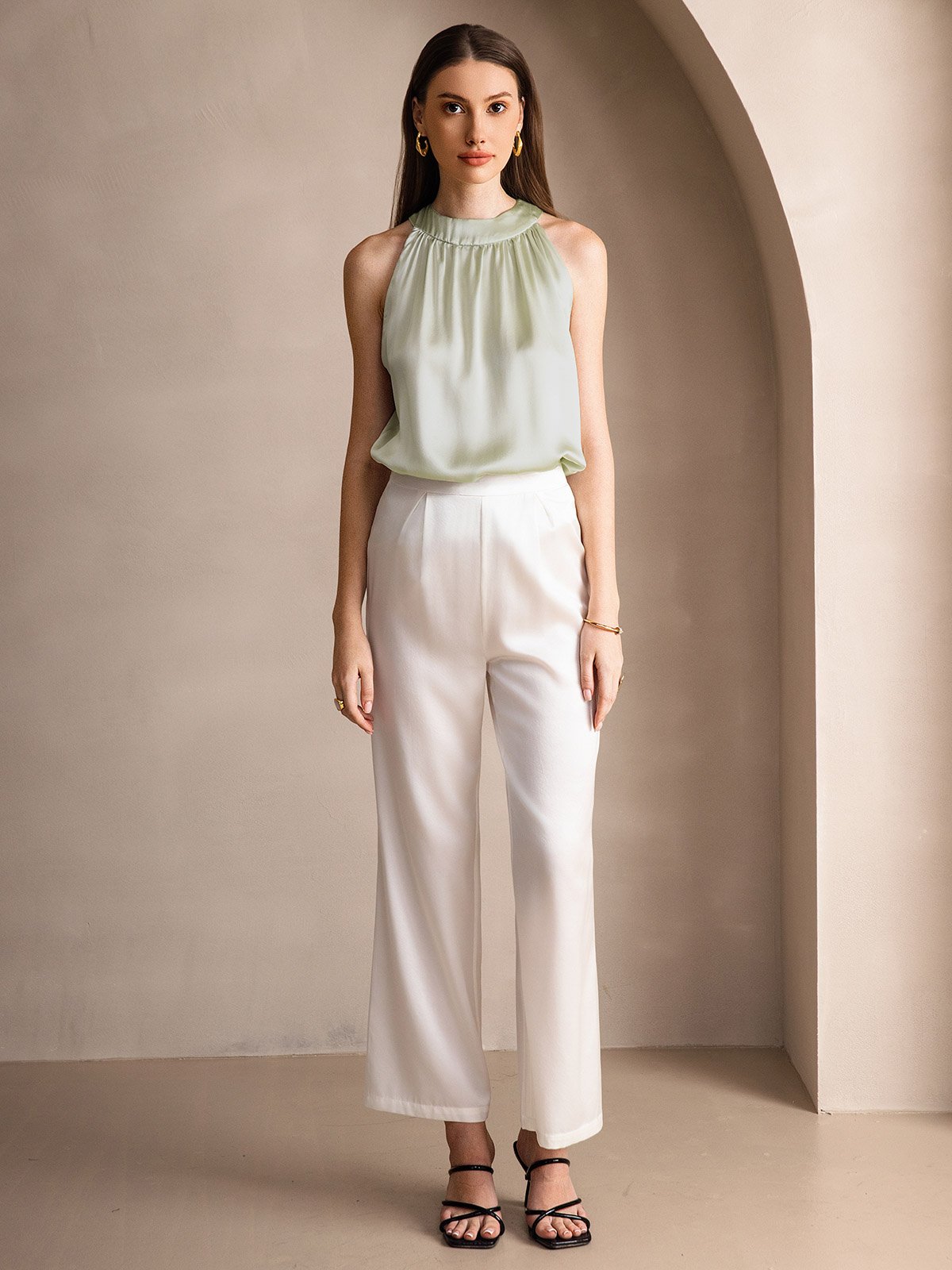 [Light Green] SilkSilky-UK 19Momme Silk Sleeveless Halter Neck Women's T-Shirt 006