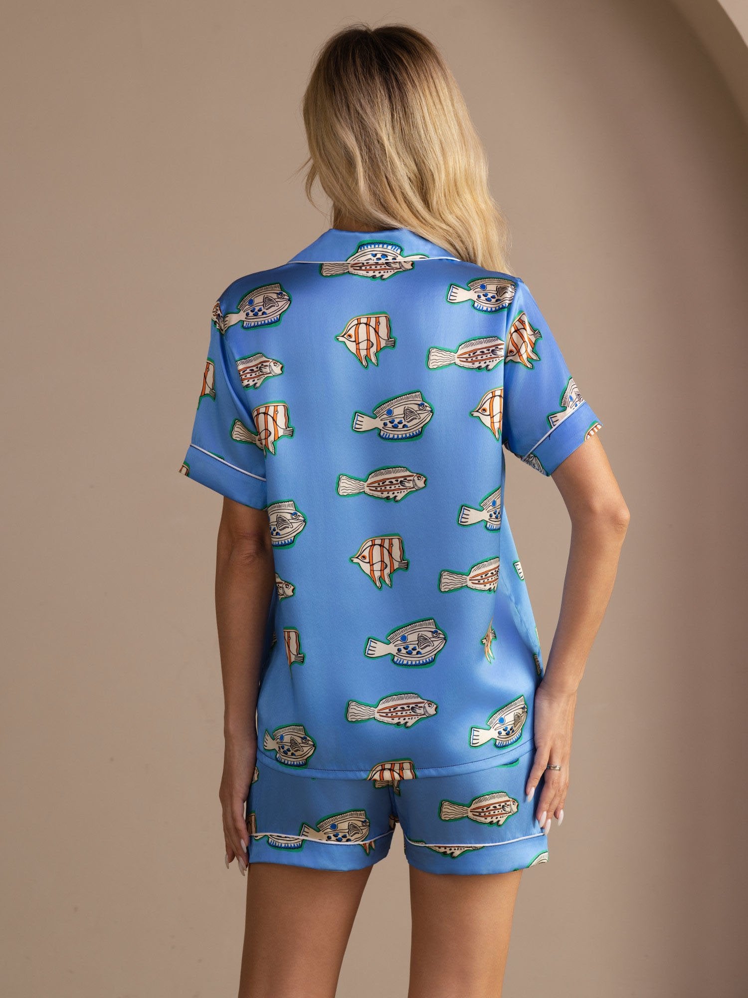 [Blue Fish] SilkSilky-UK Short Sleeve Lapel Collar Women's Pyjamas 002