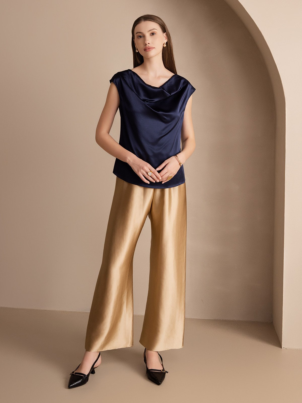 [Dark Blue] SilkSilky-UK 19Momme Silk Cap Sleeve Cowl Neck Women's T-Shirt 005