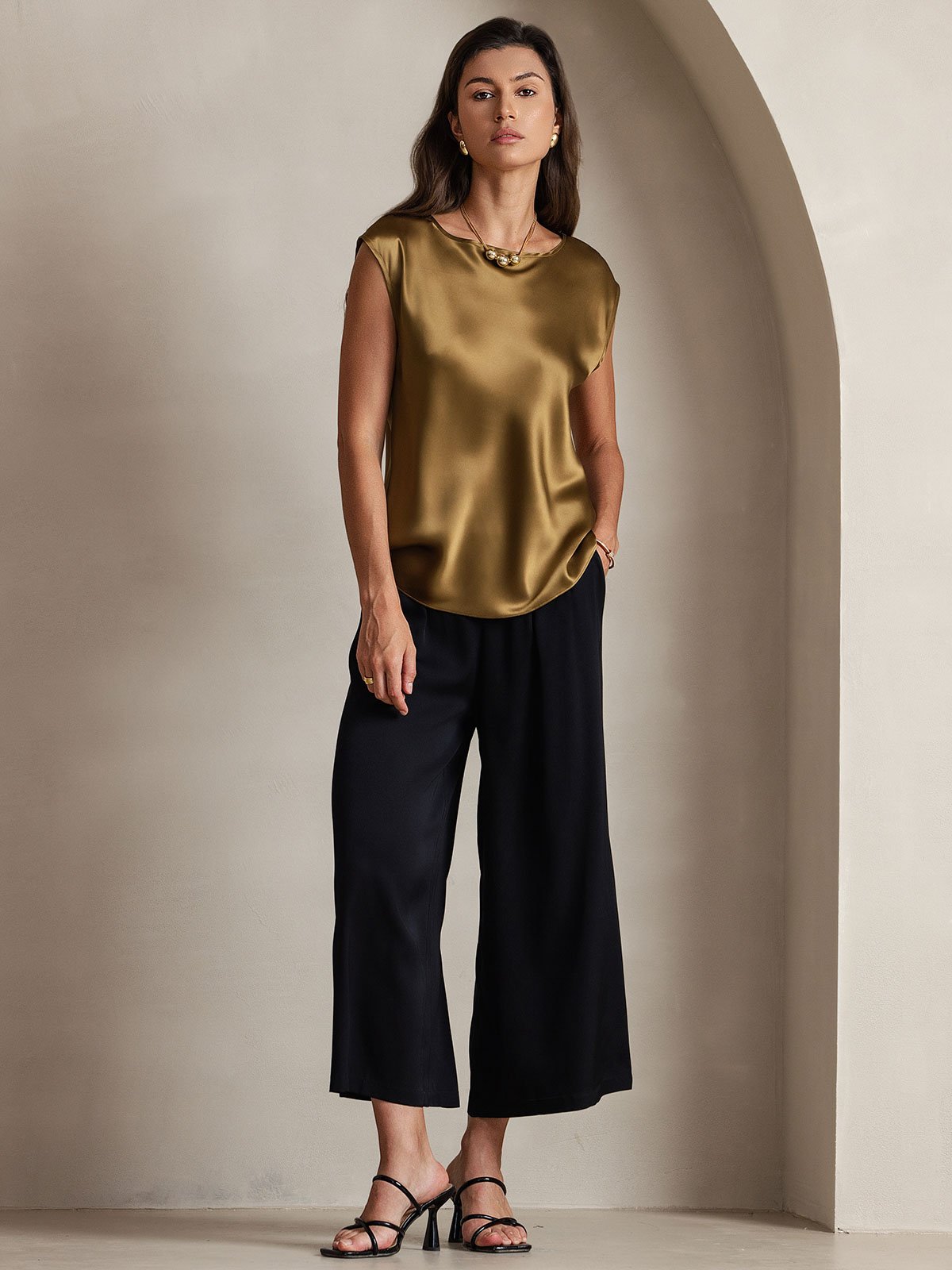 [Brown] SilkSilky-UK 19Momme Silk Round Neck Women's T-Shirt 004