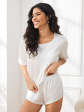 SilkSilky UK Pure Silk Short Sleeve Round Neck Women's Pyjamas White 004