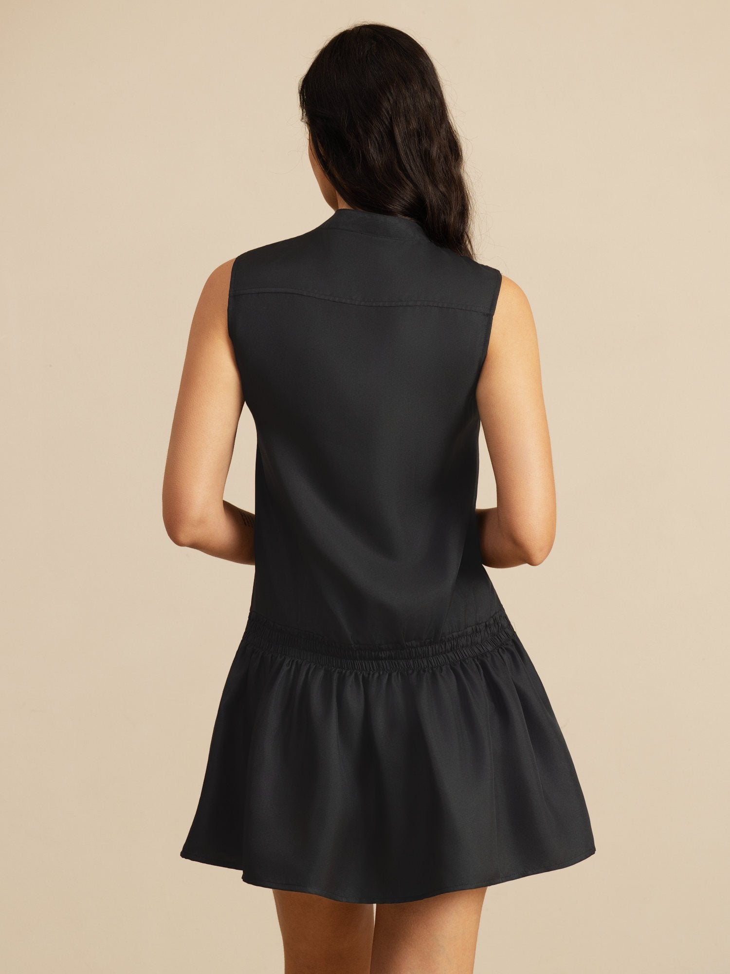 [Black] SilkSilky-UK 18Momme Silk Satin Surah Sleeveless Stand Collar Dress 002