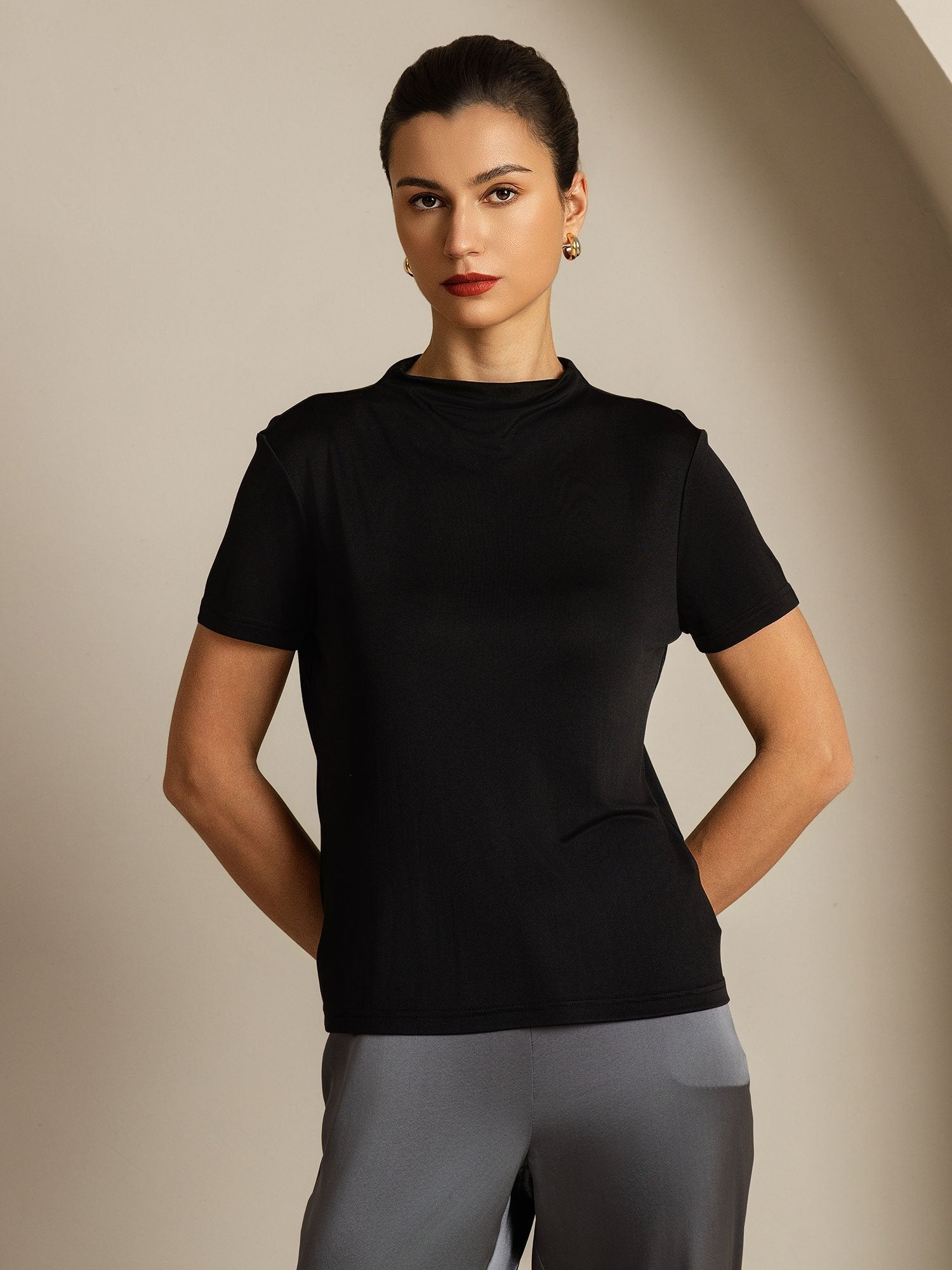 [Black] SilkSilky-UK Pure Silk Collar Women's T-Shirt 005