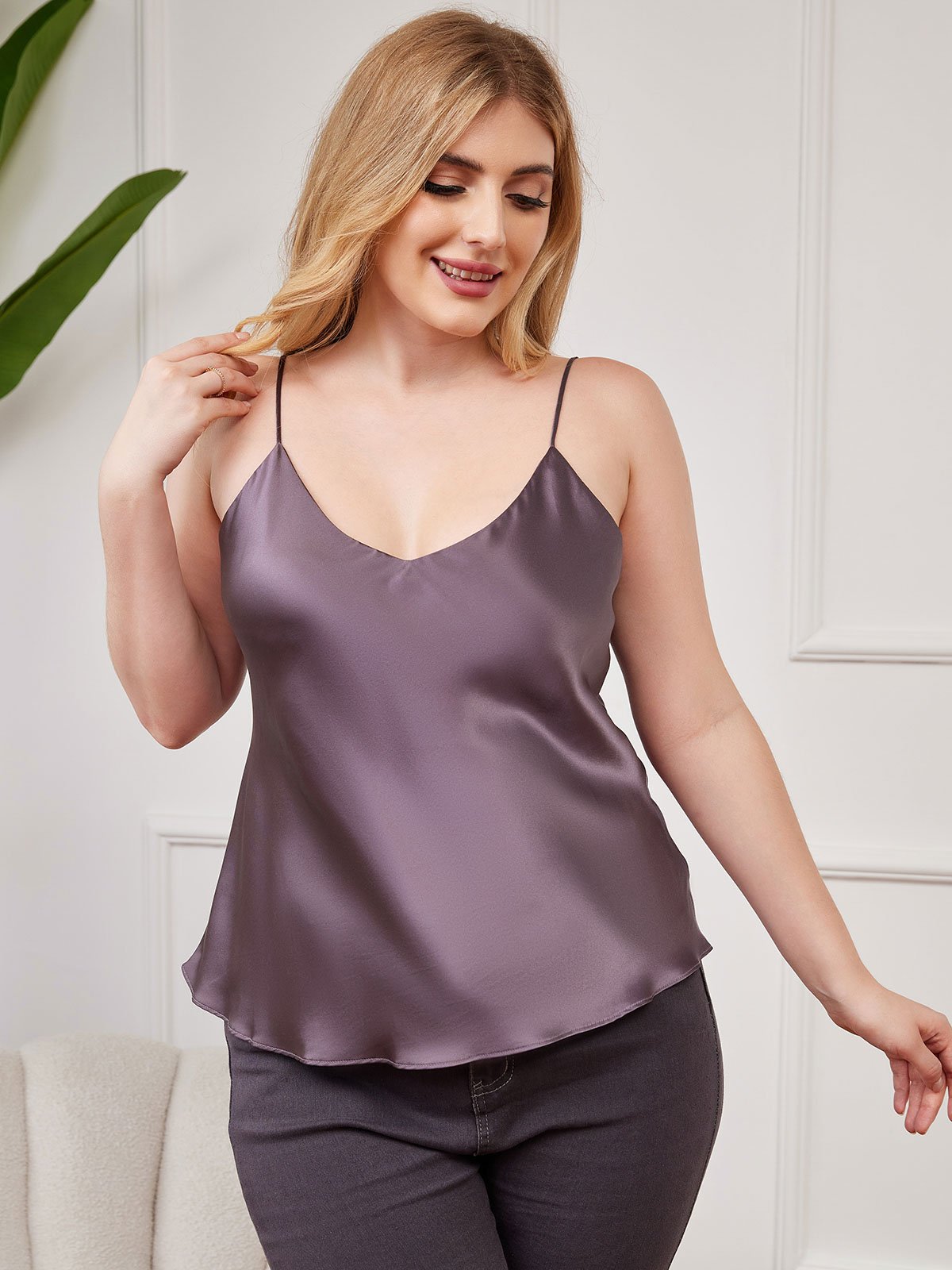 SilkSilky UK Pure Silk V Neck Plus Size Camisole Top PurpleGray 001