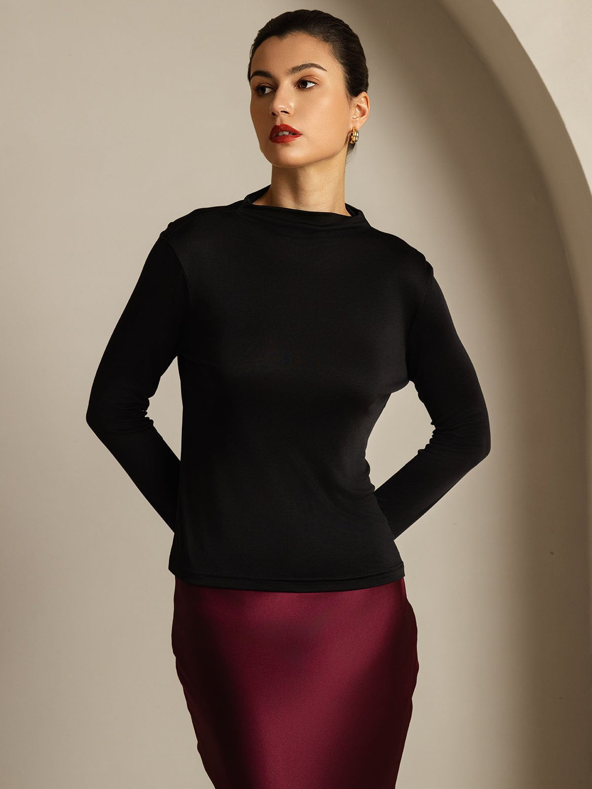 [Black] SilkSilky-UK Pure Silk Mock Women's T-Shirt 008