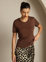 [Coffee] SilkSilky-UK Short Sleeve V Neck Women's T-Shirt 003