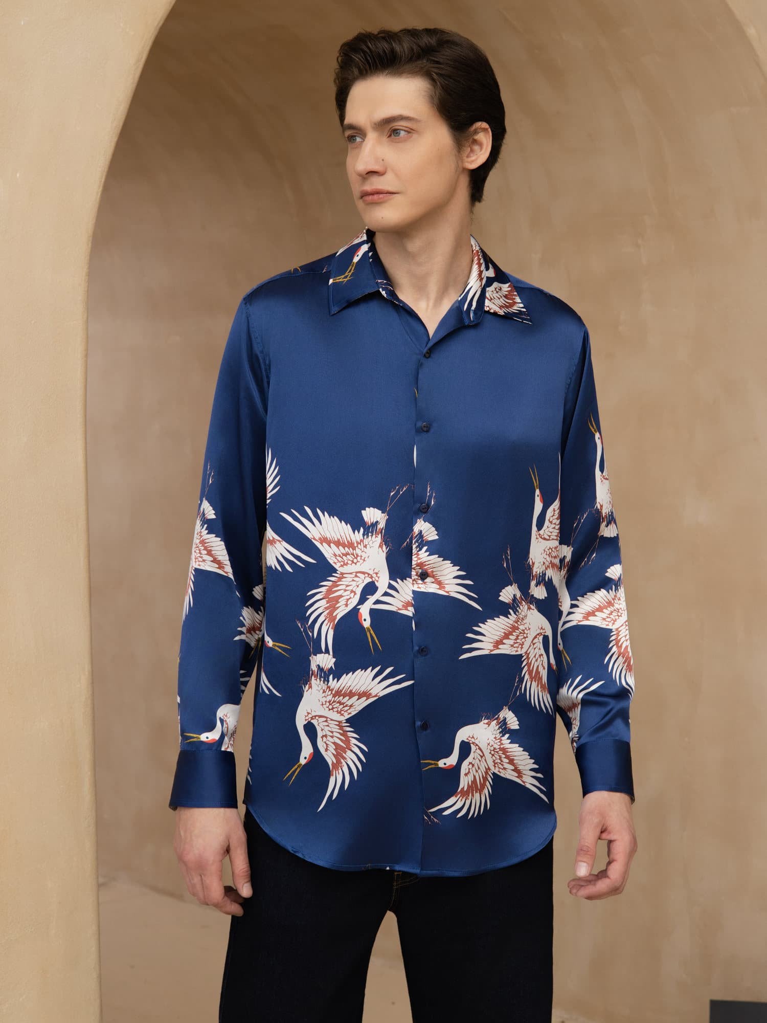 [Dark Blue] SilkSilky-UK 19Momme Long Sleeve Lapel Collar Men's Shirt 003