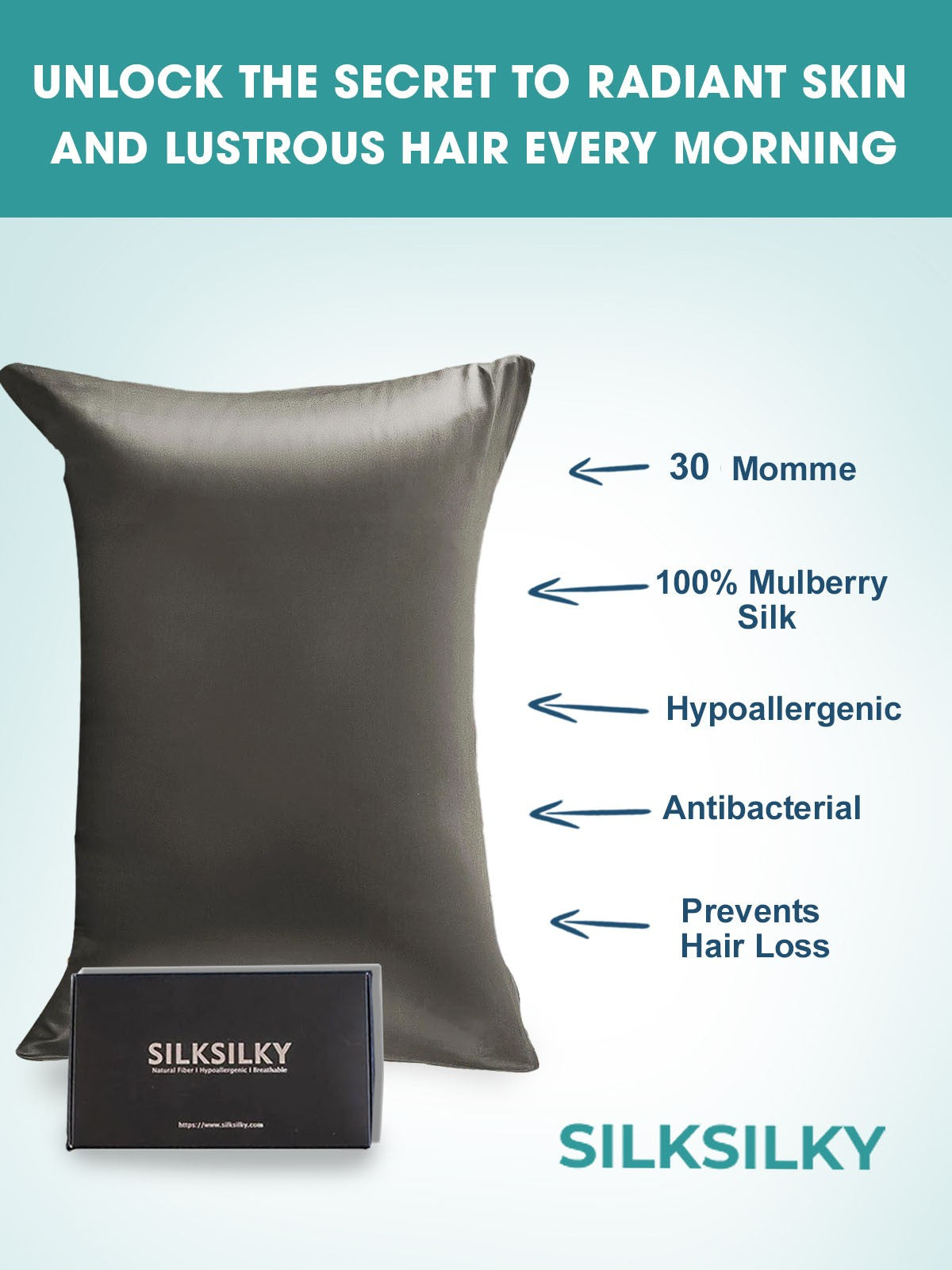 SilkSilky UK 30Momme Pure Silk Pillowcase DarkGray 002