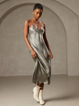 [Grayish Green] SilkSilky-UK Spaghetti Strap V Neck Nightdress 005