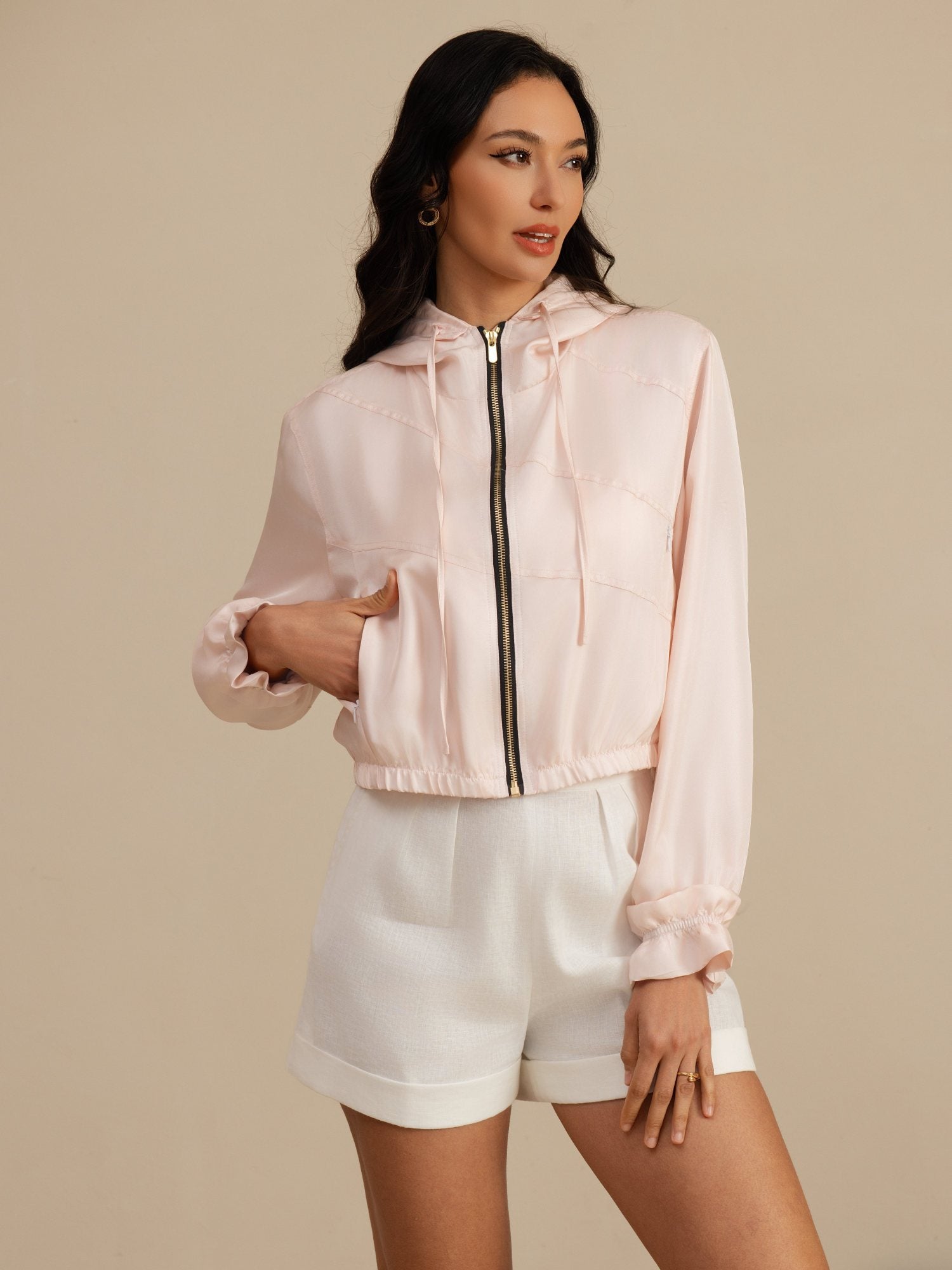 [Pink] SilkSilky-UK 18Momme Silk Satin Surah Long Sleeve High Neck Women's Outerwear 003