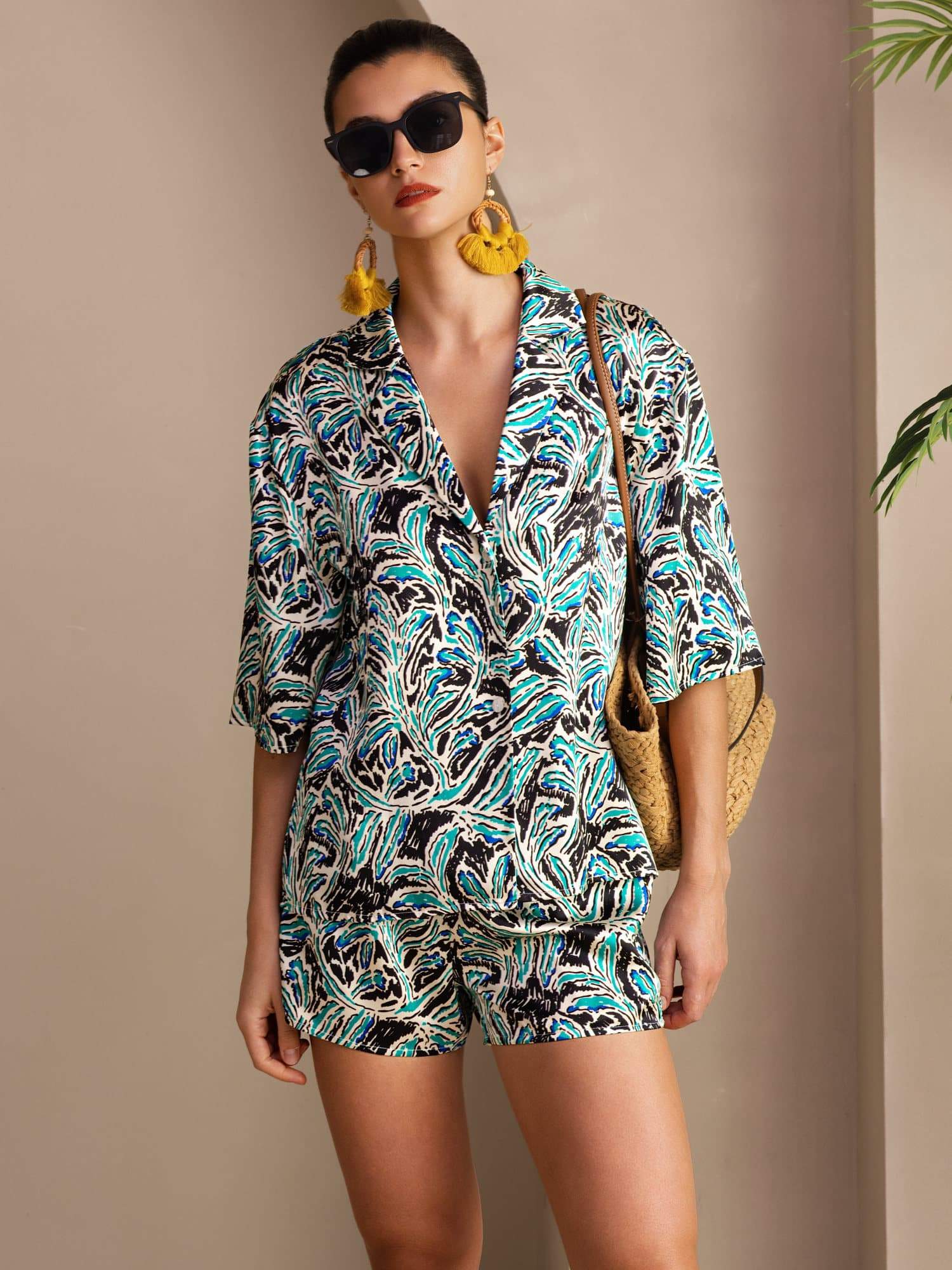 [Teal Botanical] SilkSilky-UK Short Sleeve Notch Collar Women's Pyjamas 001