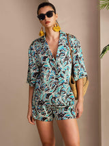[Teal Botanical] SilkSilky-UK Half Sleeve Lapel Collar Women's Pyjamas 001