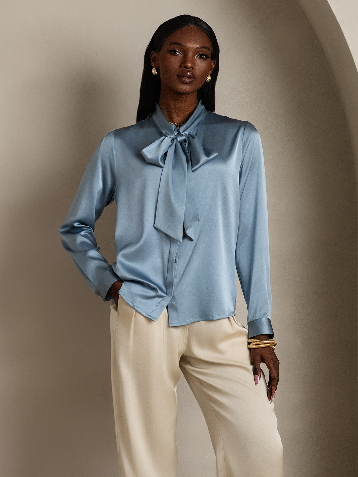 [Grayish Blue] SilkSilky-UK 19Momme Silk Long Sleeve Tie Neck Women's Shirt 005