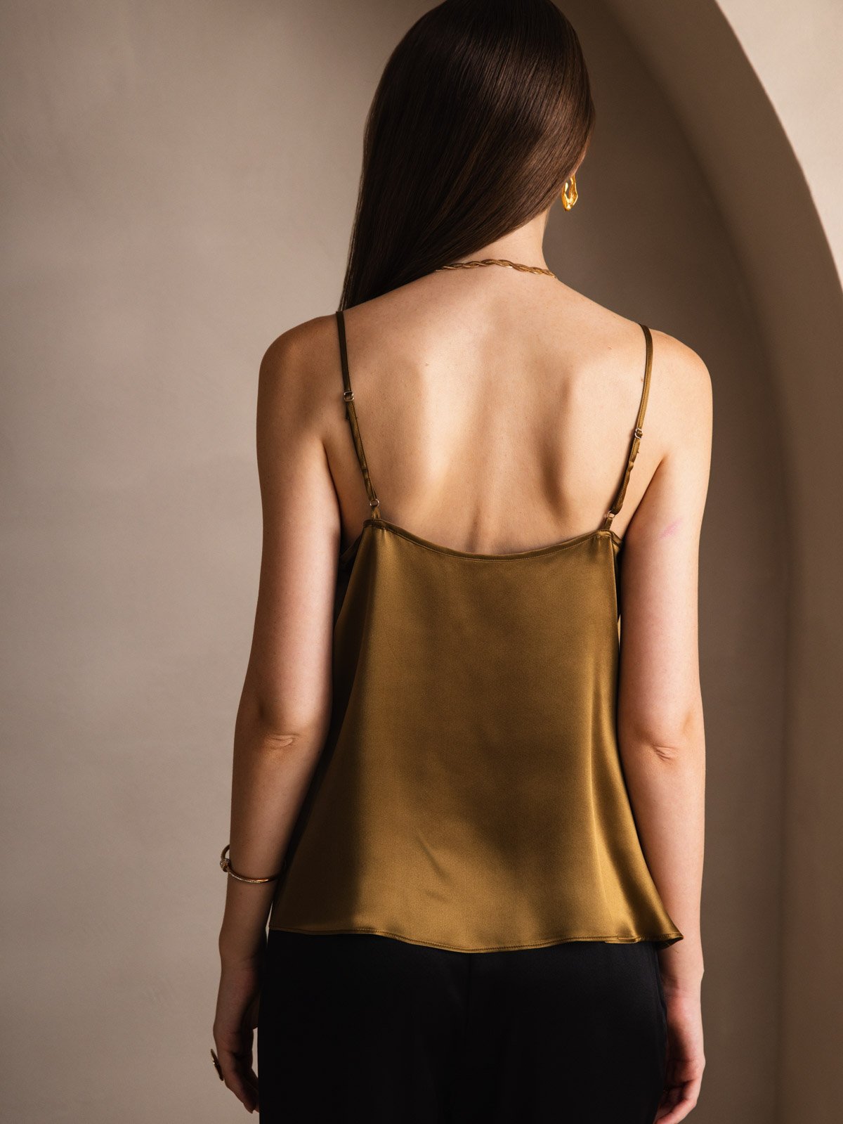 [Brown] SilkSilky-UK 19Momme Stretch Silk Charmeuse Spaghetti Strap Cowl Neck Camisole 002