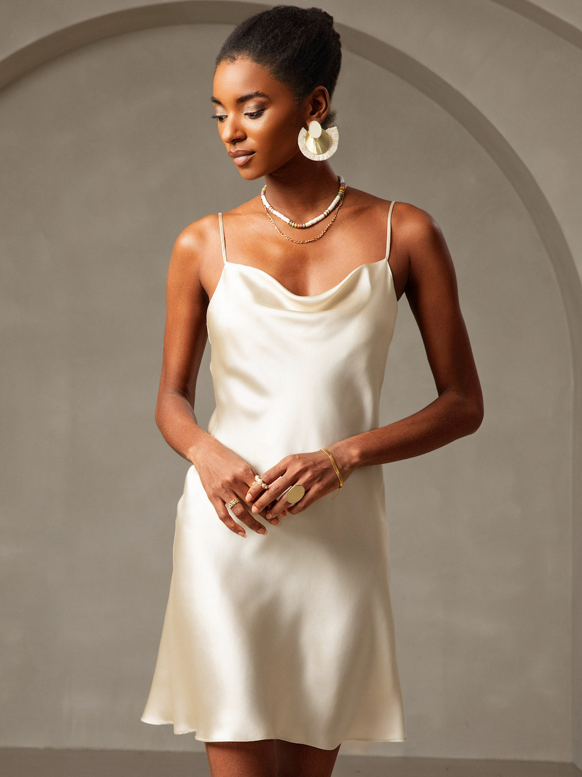 [Light Yellow] SilkSilky-UK Spaghetti Strap Cowl Neck Dress 004