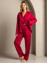 [Wine] SilkSilky-UK 19Momme Machine-Washable Silk Long Sleeve Notch Collar Women's Pyjamas 004