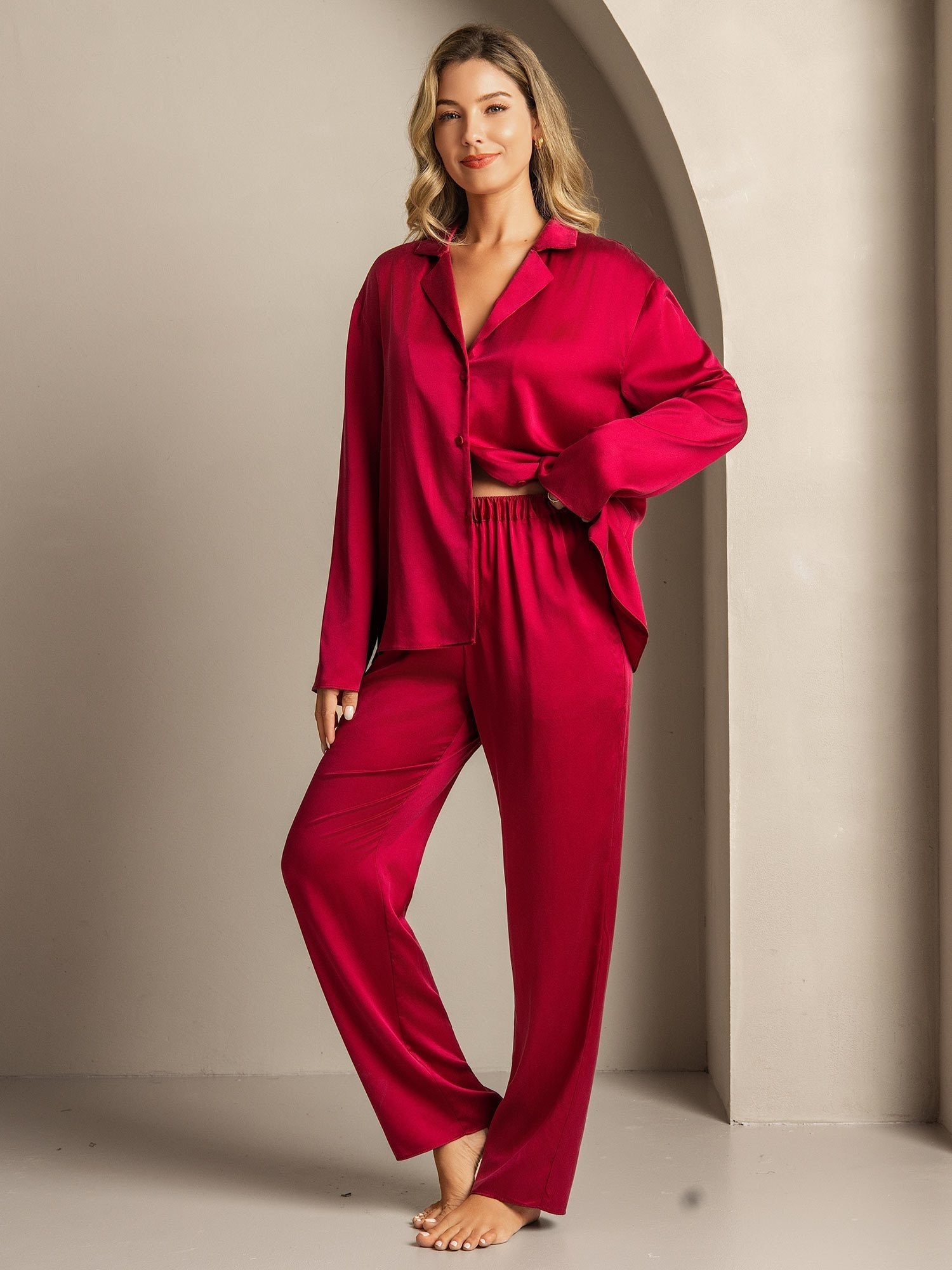 [Wine] SilkSilky-UK 19Momme Machine-Washable Silk Notched Neck Women's Pyjamas 004