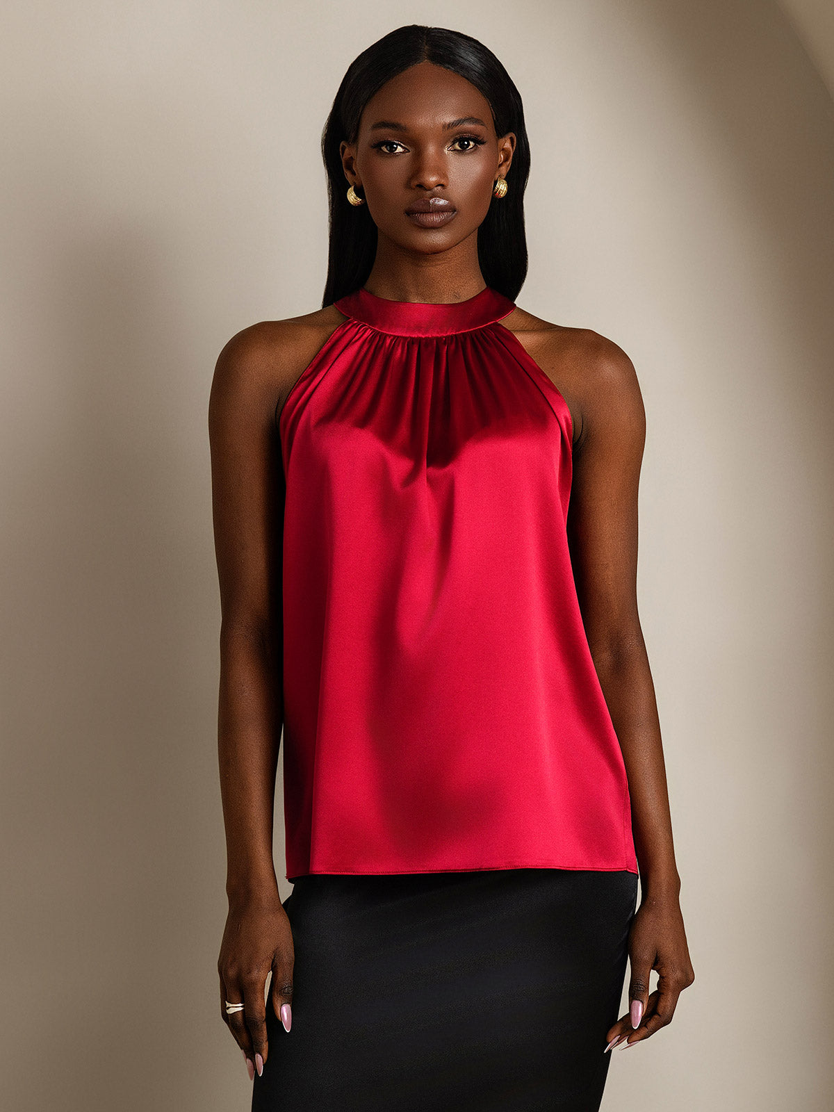 [Wine] SilkSilky-UK 19Momme Silk Sleeveless Halter Neck Women's T-Shirt 003