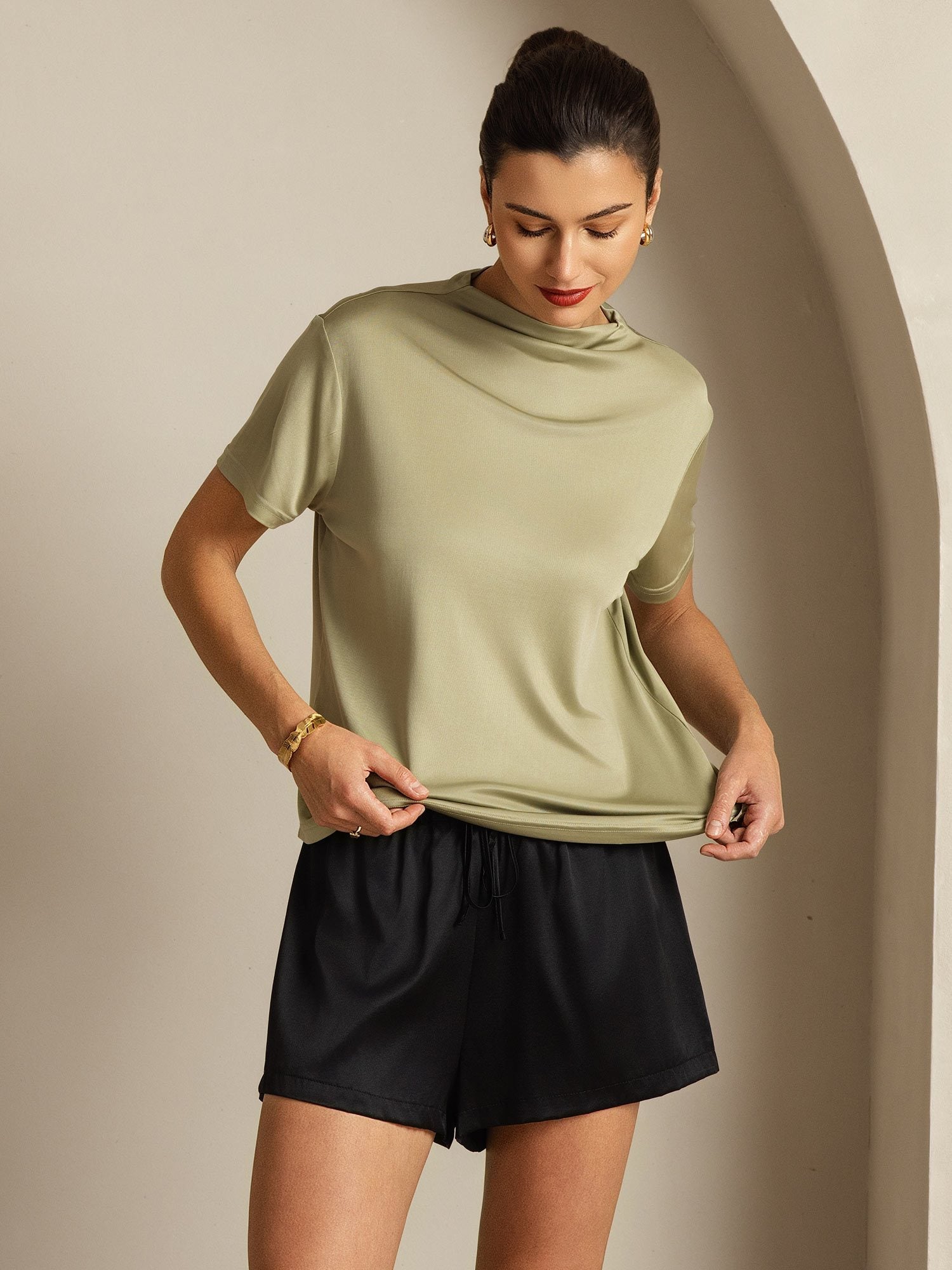 [Dried Herb] SilkSilky-UK Pure Silk Collar Women's T-Shirt 007