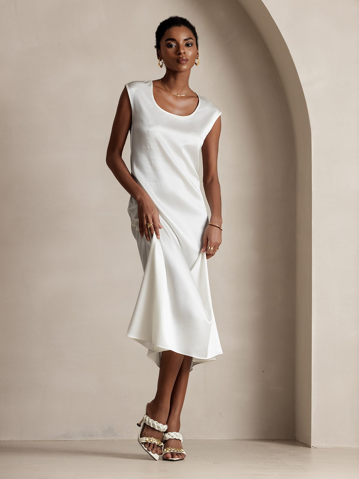 [White] SilkSilky-UK 19Momme Silk Cap Sleeve Round Neck Dress 001