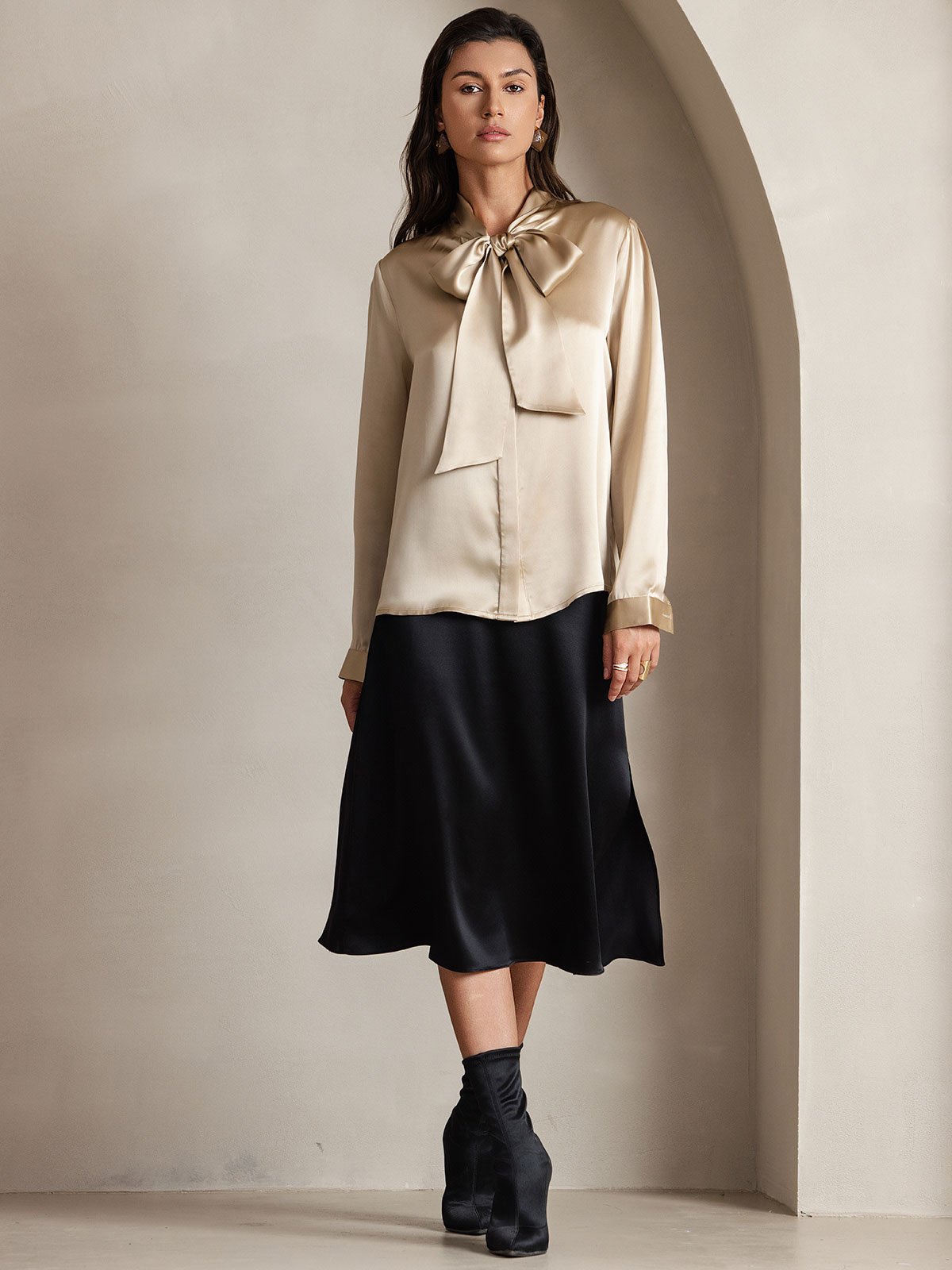 [Champagne] SilkSilky-UK 19Momme Silk Long Sleeve Tie Neck Women's Shirt 005