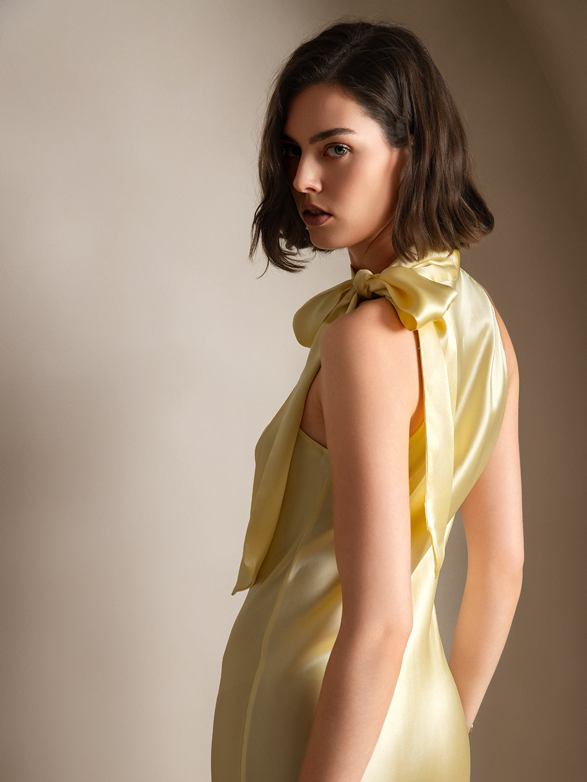 [Light Yellow] SilkSilky-UK 19Momme Stretch Silk Charmeuse Sleeveless Tie Neck Dress 002