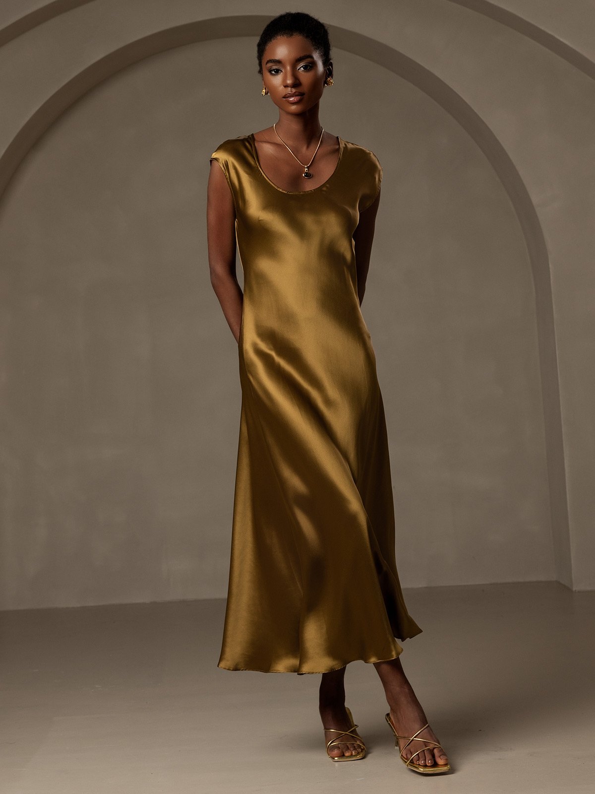 [Brown] SilkSilky-UK 19Momme Silk Cap Sleeve Round Neck Dress 007