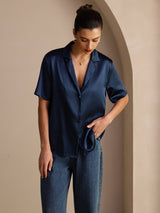 [Dark Blue] SilkSilky-UK Short Sleeve Notch Collar Women's Shirt 005
