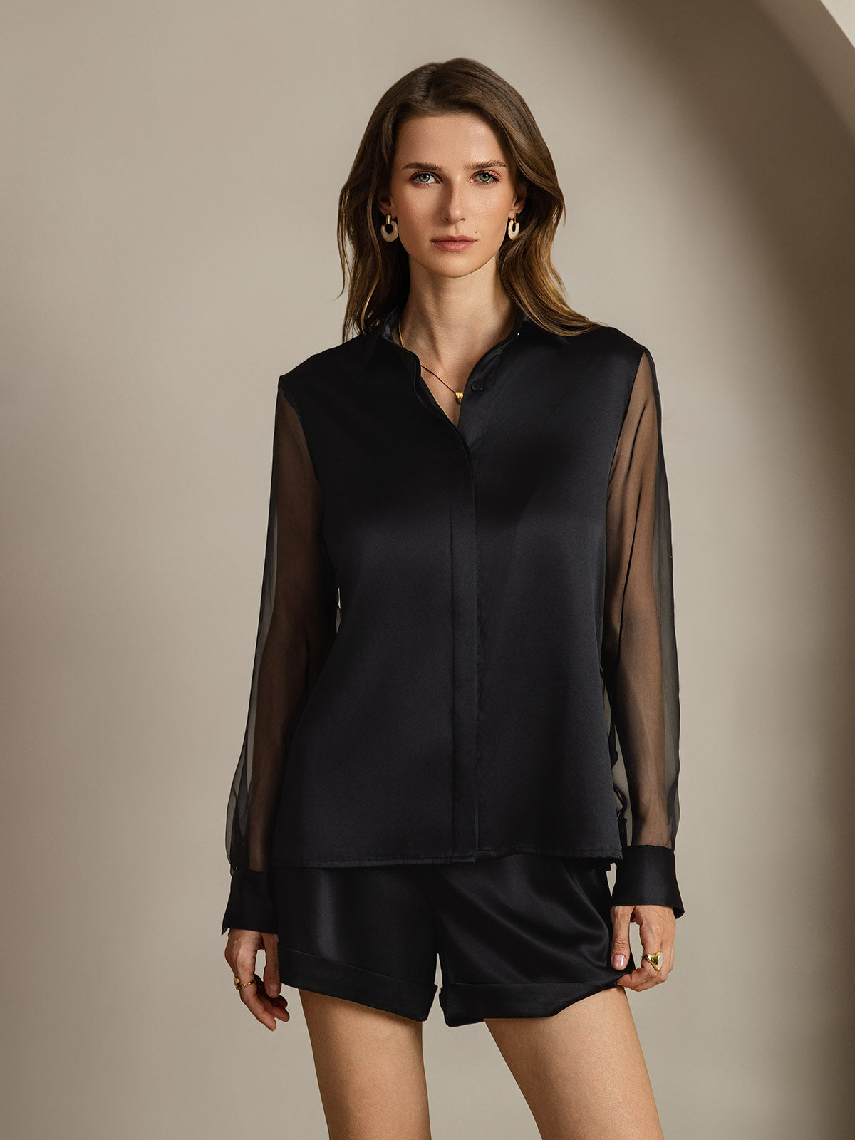 [Black] SilkSilky-UK 19Momme Silk Collar Women's Shirt 001