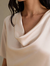 [Beige] SilkSilky-UK Short Sleeve Cowl Neck Women's Blouse 004