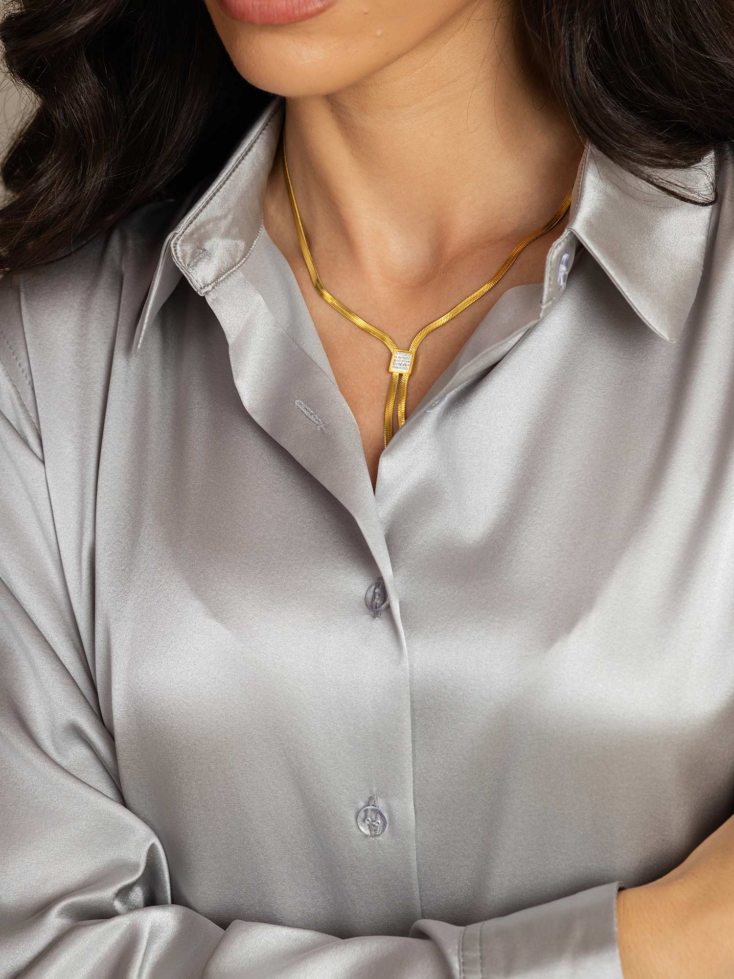 [Light Gray] SilkSilky-UK Silk Long Sleeve Collar Women's Shirt 007