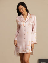 [Pink] SilkSilky-UK Long Sleeve Lapel Collar Nightshirt 003