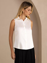 [White] SilkSilky-UK Sleeveless Lapel Collar Women's Shirt 001