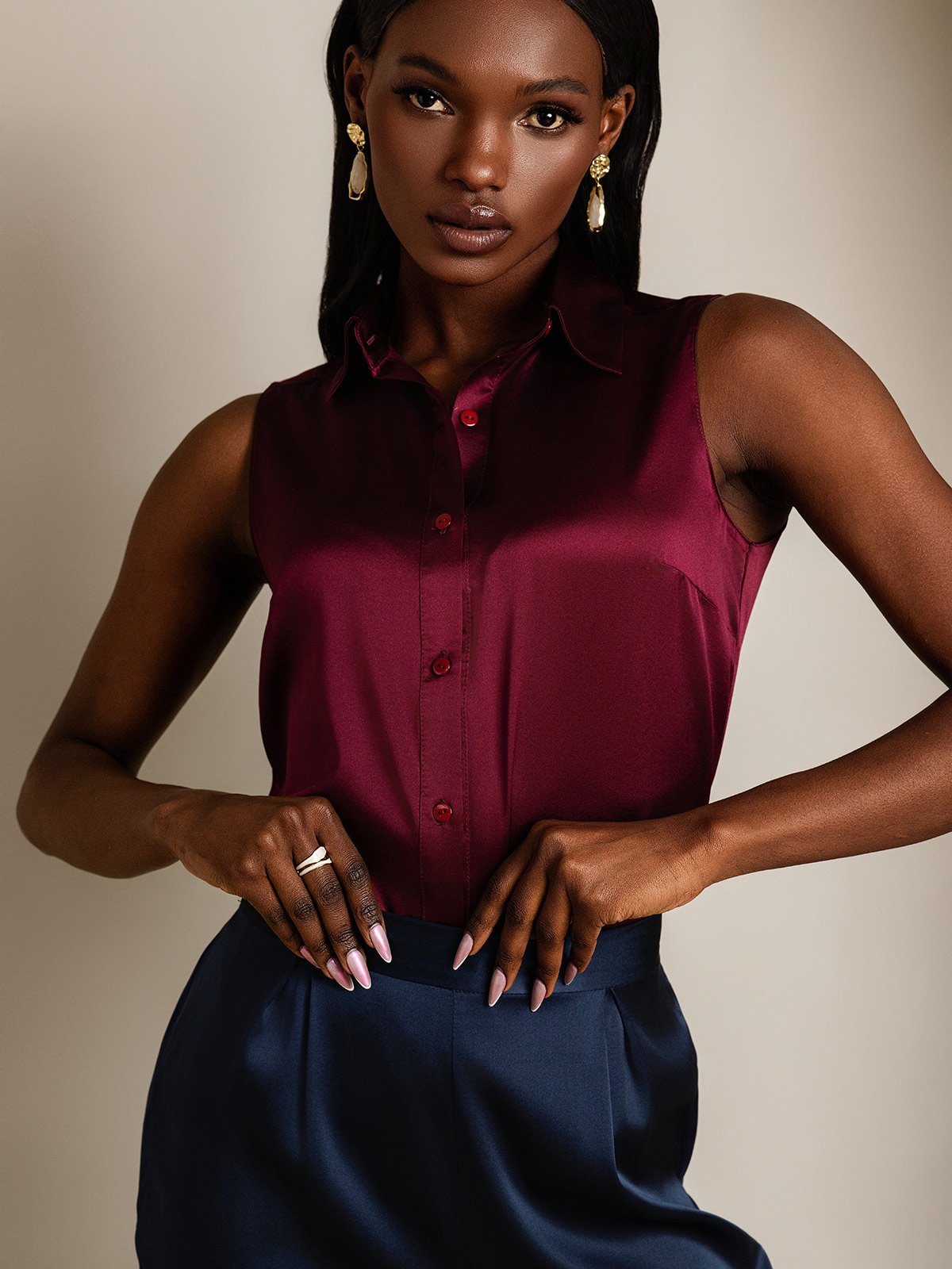 SilkSilky-UK 19Momme Silk Sleeveless Collar Women's Shirt DarkRed 003