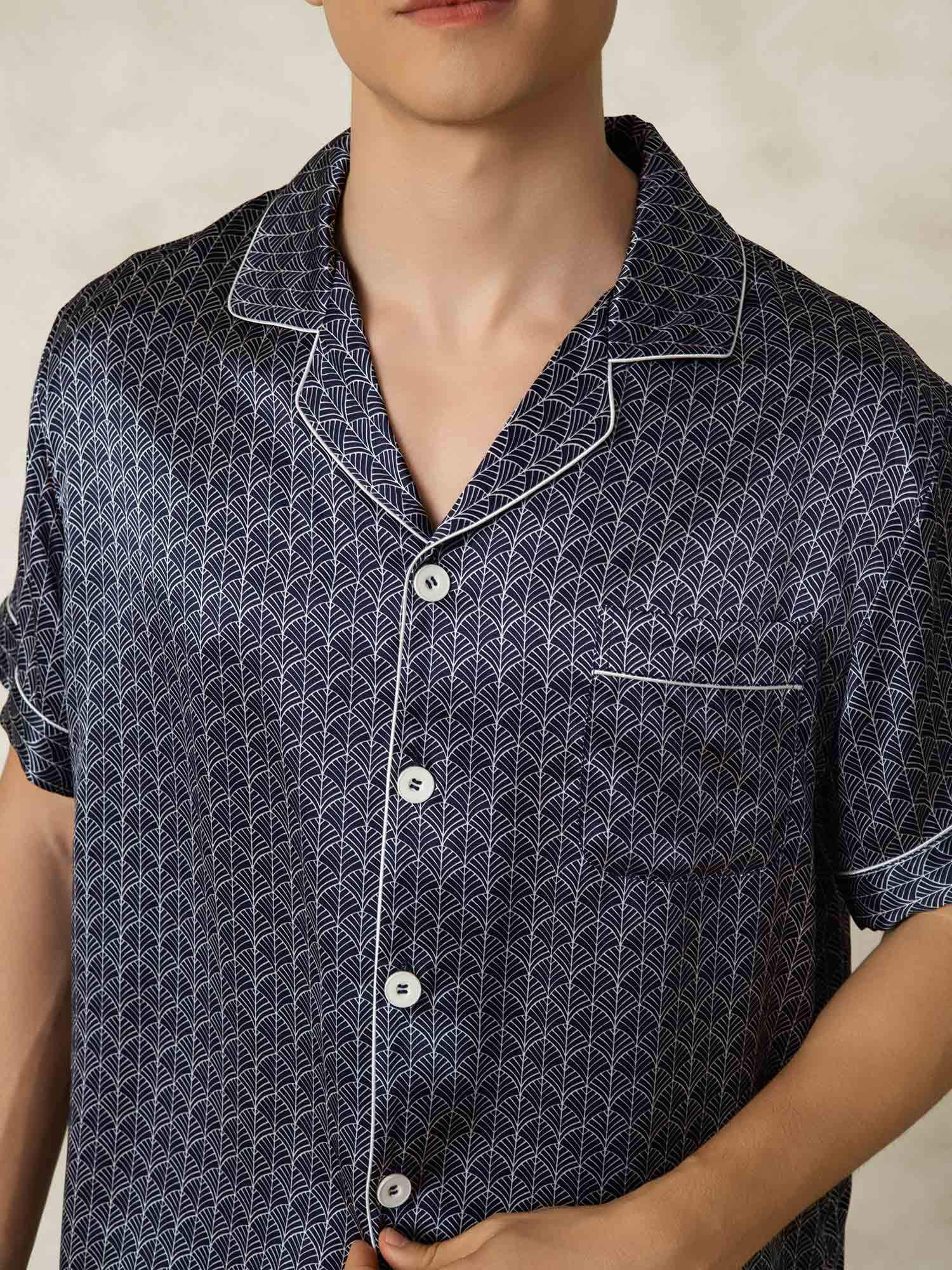 [NavyGinkgo] SilkSilky-UK Pure Silk Collar Men's Pyjamas 007