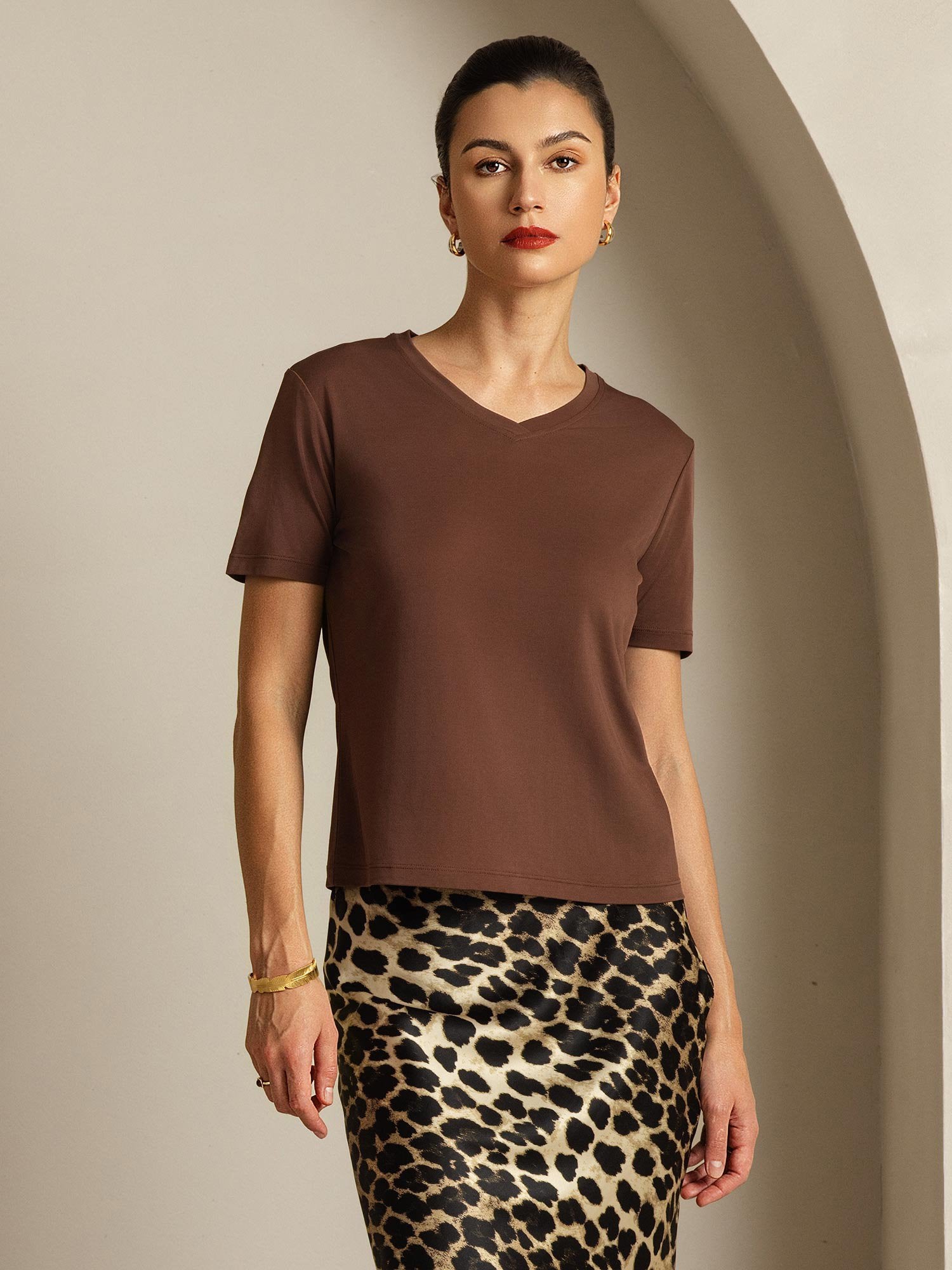 [Coffee] SilkSilky-UK Pure Silk V Neck Women's T-Shirt 001