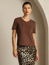 [Coffee] SilkSilky-UK Short Sleeve V Neck Women's T-Shirt 001