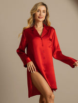 [Red] SilkSilky-UK Long Sleeve Lapel Collar Nightshirt 003