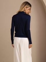 [Dark Blue] SilkSilky-UK Long Sleeve Wrap Women's Blouse 002