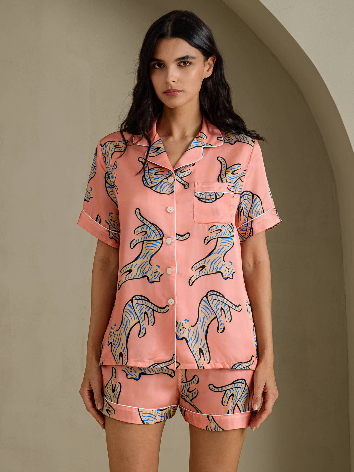 [Pink Cat] SilkSilky-UK Short Sleeve Lapel Collar Women's Pyjamas 001