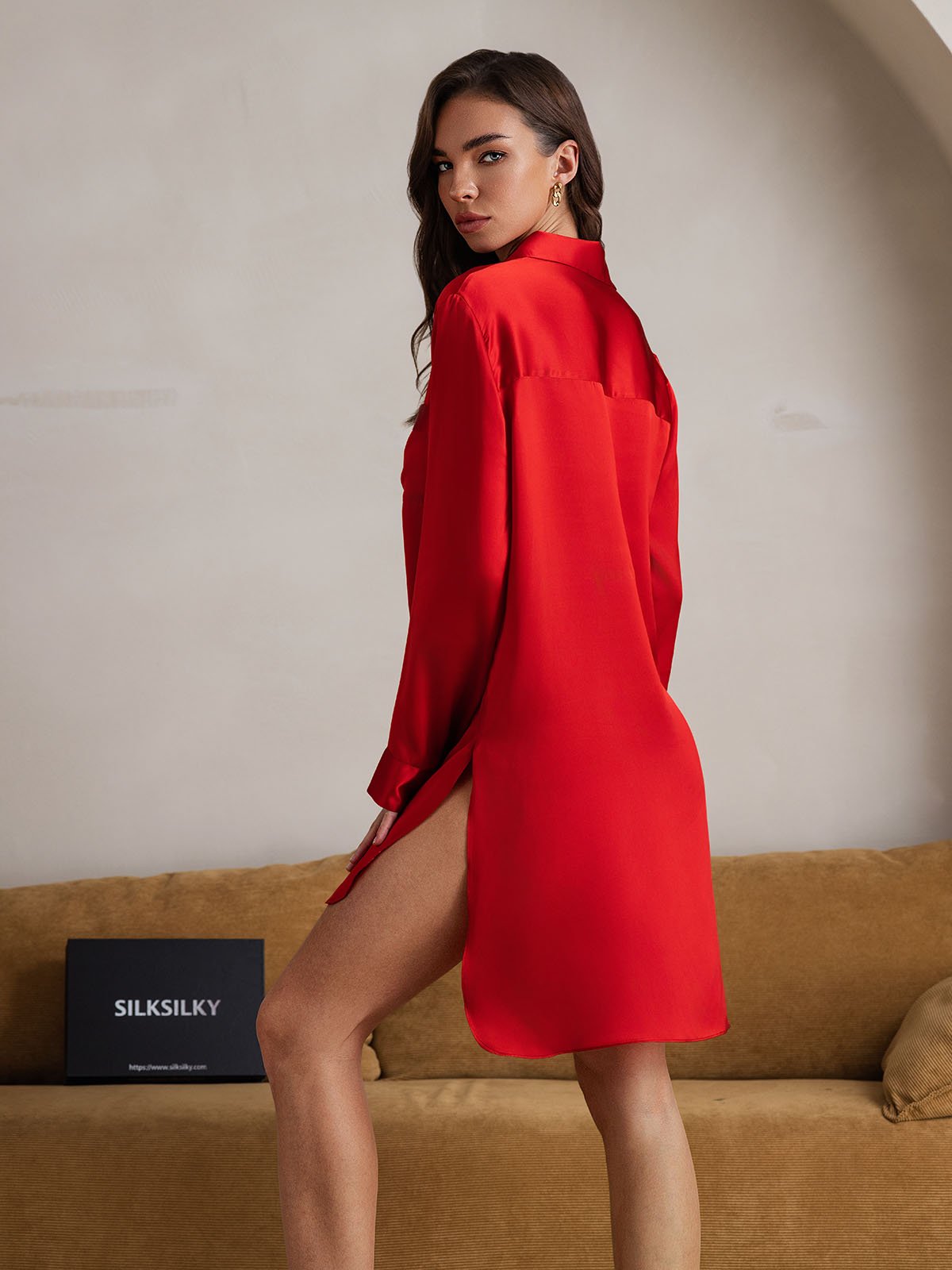 [Red] SilkSilky-UK Pure Silk Collar Nightdress 002