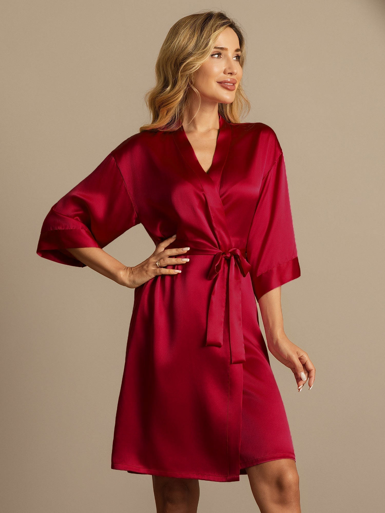 [Wine] SilkSilky-UK Pure Silk 3/4 Sleeve Wrap Women's Dressing Gown 005