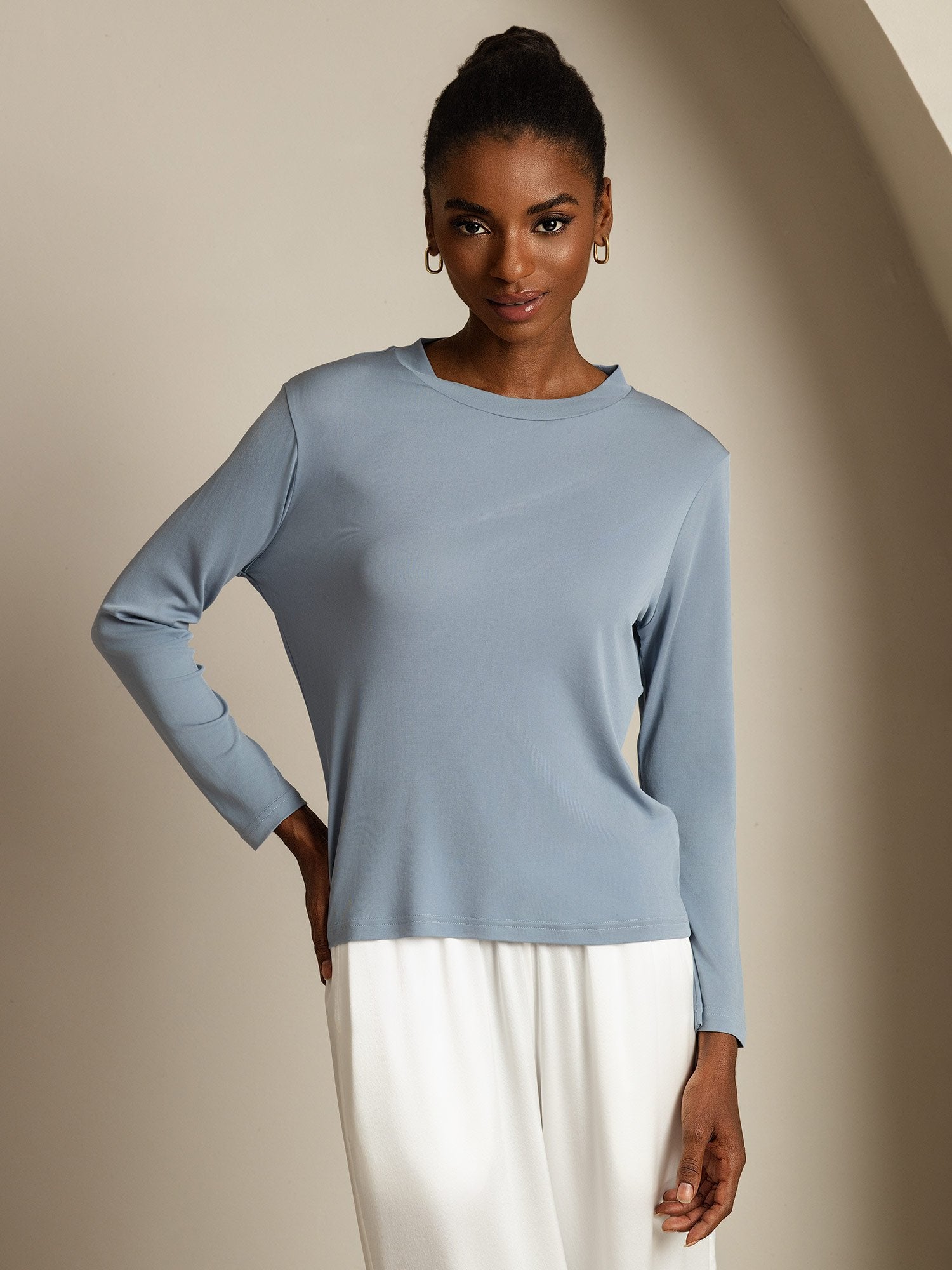 [GrayishBlue] SilkSilky-UK Pure Silk Round Neck Women's T-Shirt 003