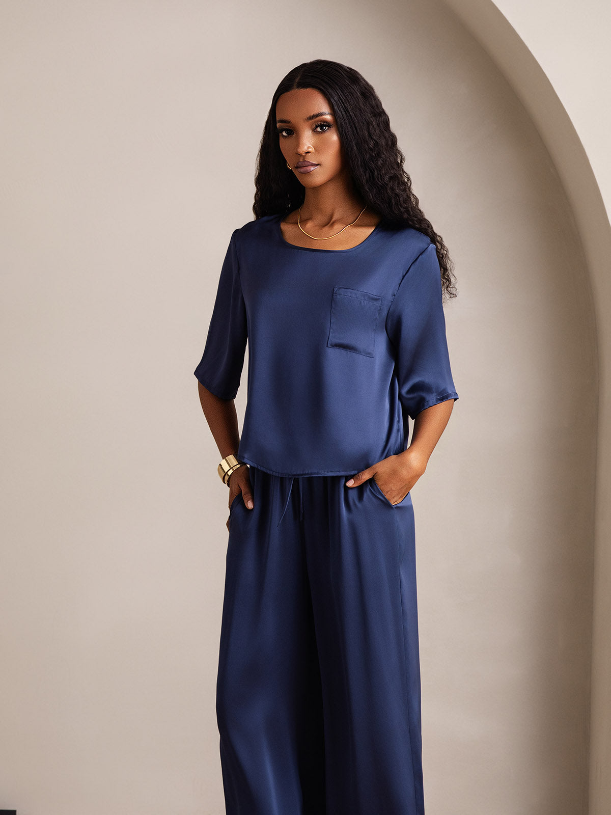 [Dark Blue] SilkSilky-UK Pure Silk Round Neck Women's Pyjamas 003