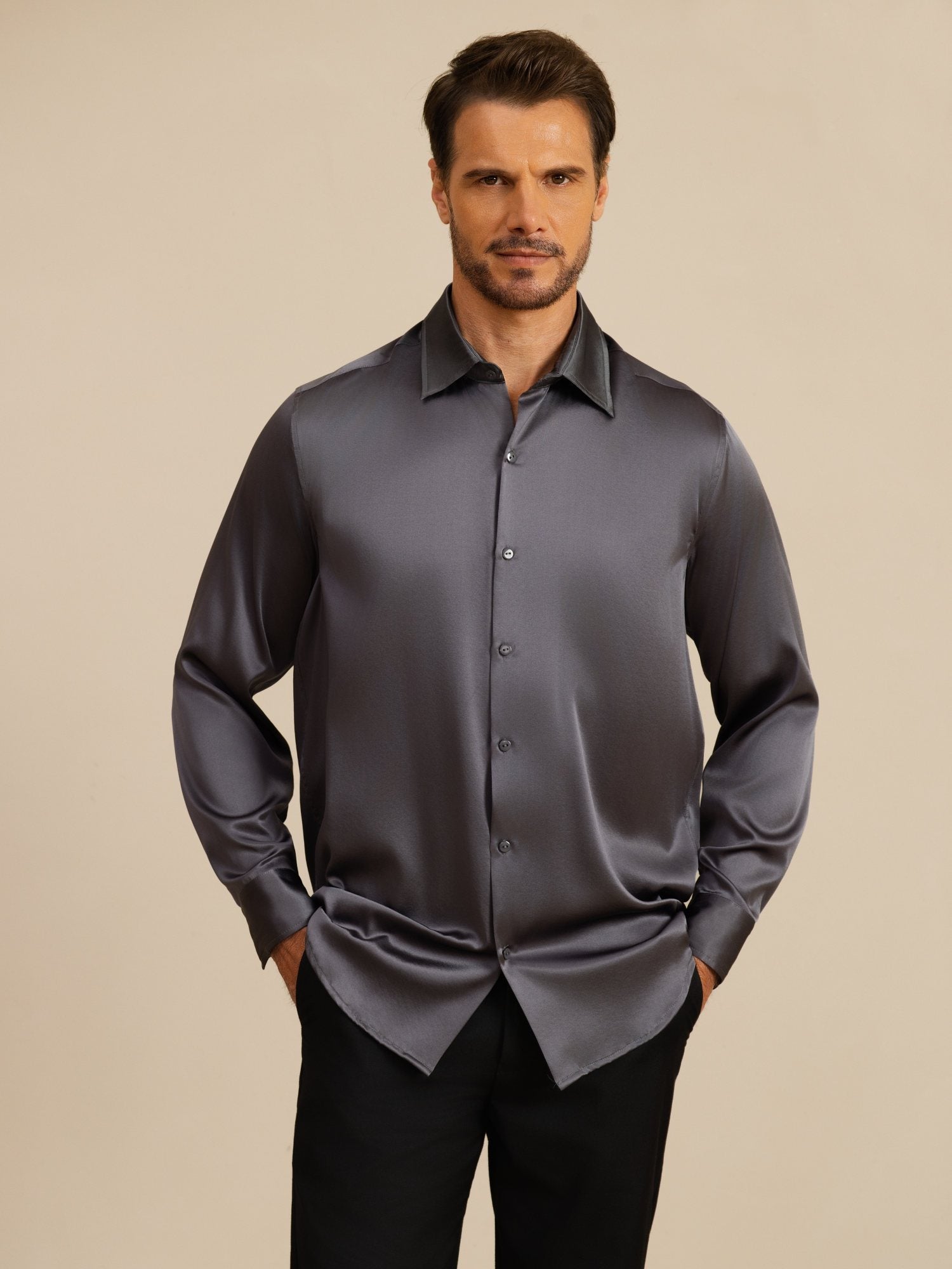 [Dark Gray] SilkSilky-UK 19Momme Stretch Silk Charmeuse Long Sleeve Lapel Collar Men's Shirt 003