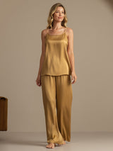 [Tan] SilkSilky-UK 19Momme Machine-Washable Silk Spaghetti Strap Scoop Neck Camisole Set 007