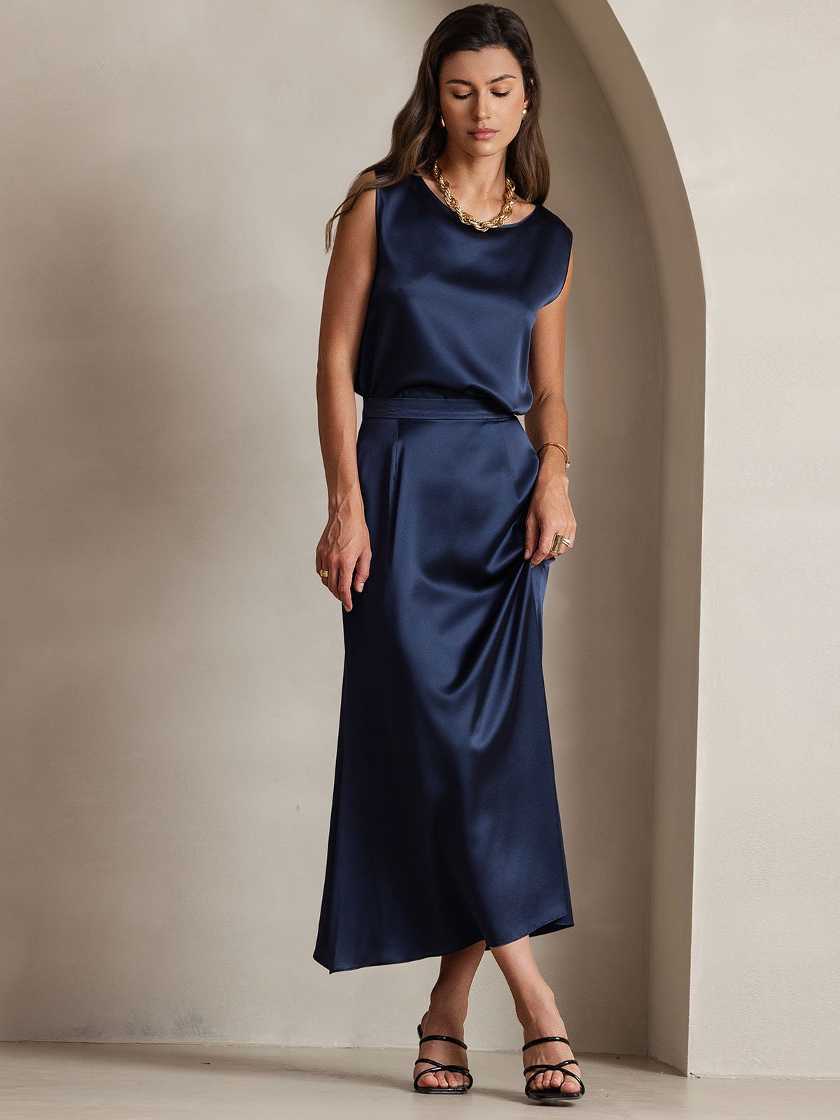 [Dark Blue] SilkSilky-UK 19Momme Stretch Silk Charmeuse Skirt 008