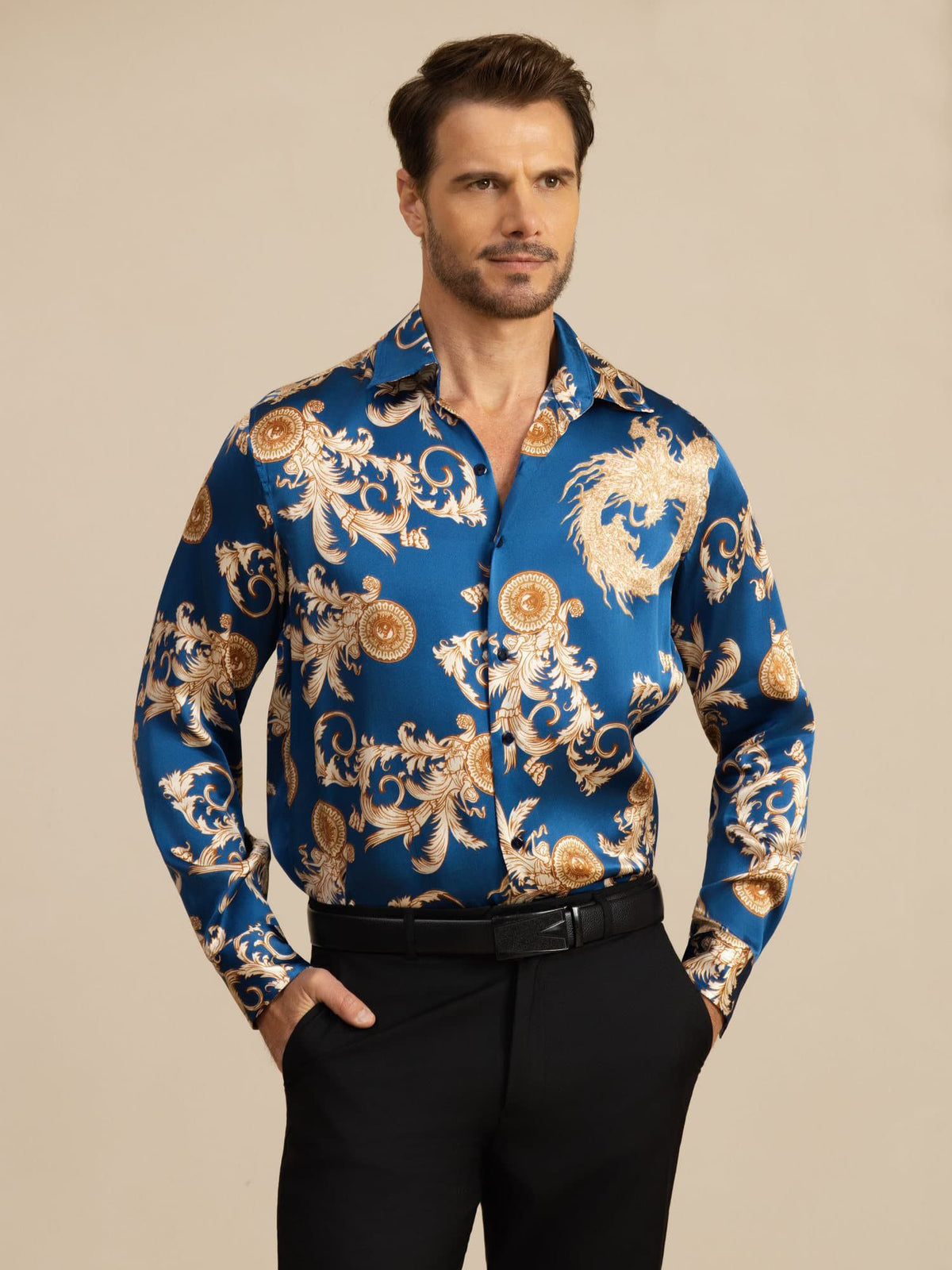 [Navy Dragon] SilkSilky-UK Long Sleeve Lapel Collar Men's Shirt 001